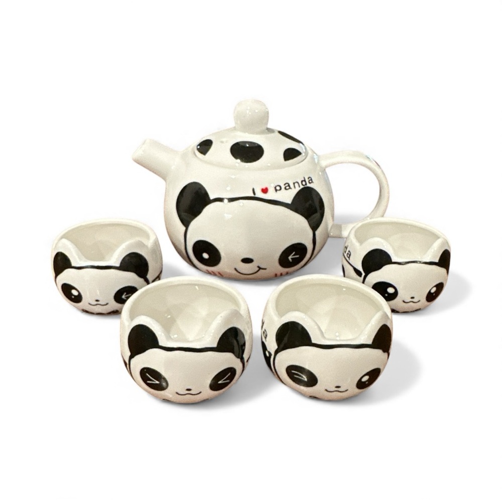 Panda Happy Tea Time Teapot & 4 Cups With Box Anthropomorphic Ceramic